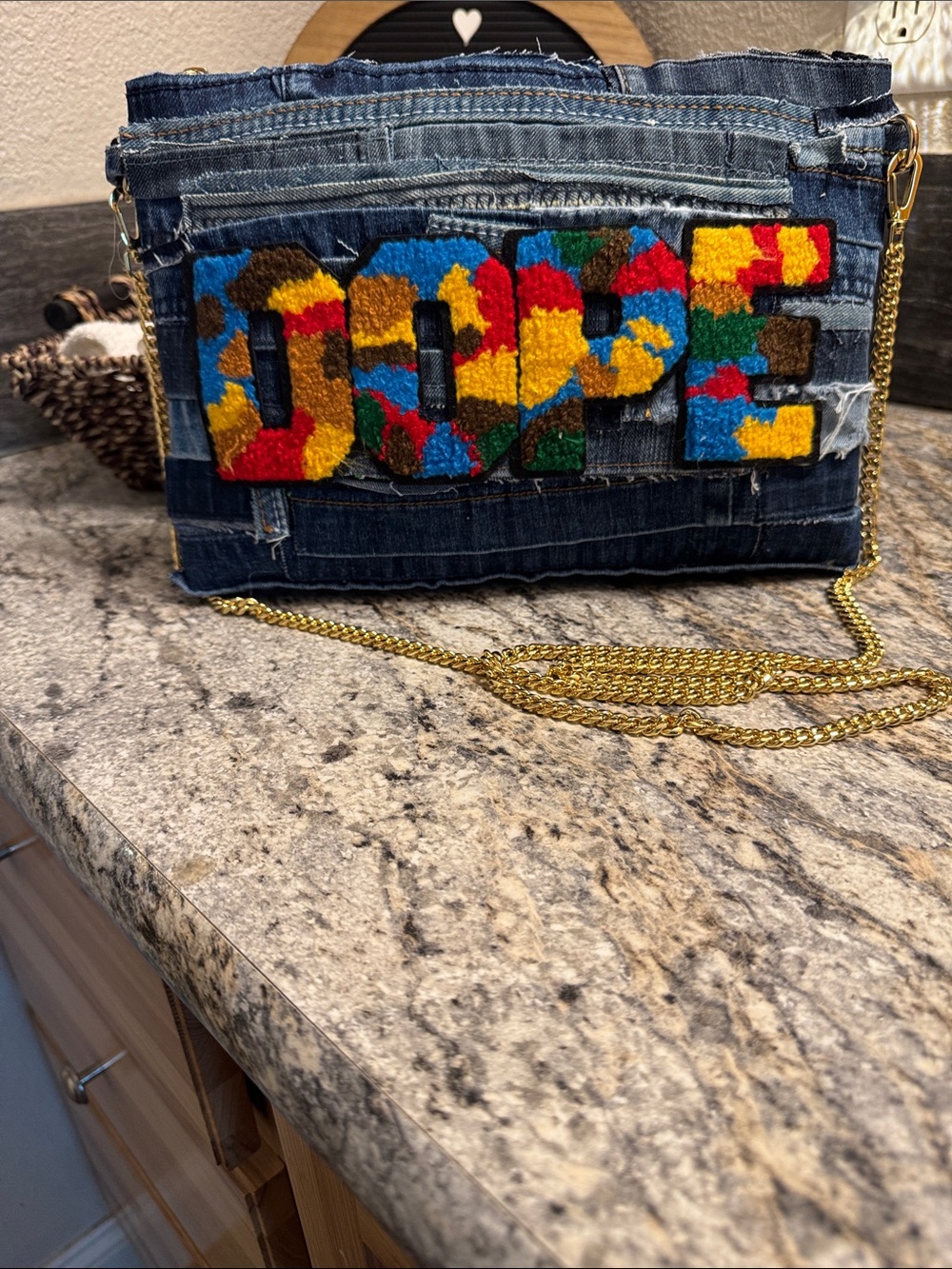 Denim Crossbody Bag with Multicolor 'DOPE' Applique and Gold Chain